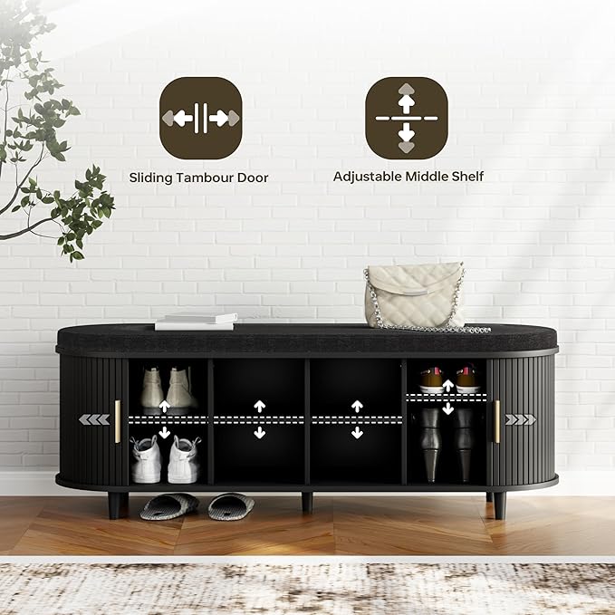 Entryway Bench with Storage: 51.2" Wooden Bedroom Shoe Bench with Thickened Padded Seat Cushion, Mid Century Modern Fluted Sliding Door and Adjustable Shelf, for Entryway, Living Room