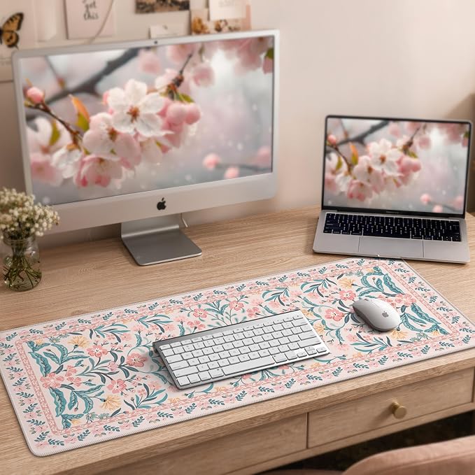 iCasso Aesthetic Desk Mat,31.5x11.8in Mouse Pads, Pink Floral | Anti-Slip Mousepad with Stitched Edges, Waterproof Computer Pad , Desk Accessories Office Decor for Women