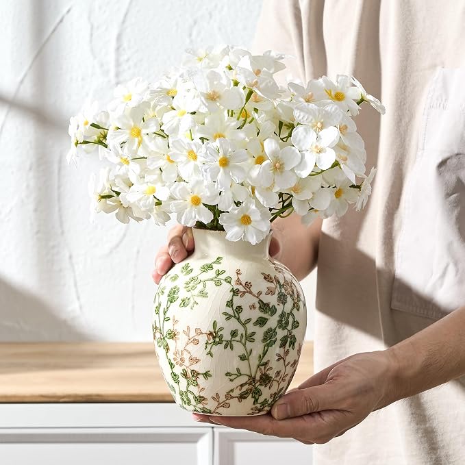 SIDUCAL Ceramic Green and Beige Antique Vase, 5.83 Inch Retro Ice Cracked Chinoiserie Floral Vase, Rustic Farmhouse Vases for Home Decor, Bookshelf, Office, Garden, Chinoiserie Decor, Tuscan Decor