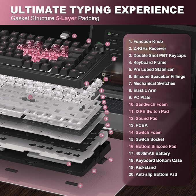 YUNZII B75 PRO 75% Wireless Mechanical Keyboard (Black Heart, MilkV2) | Hot Swap Keyboard with Knob, Gasket Mount, Creamy Pre-lubed Switch for Smooth Typing, BT/USB-C/2.4G, for Gaming