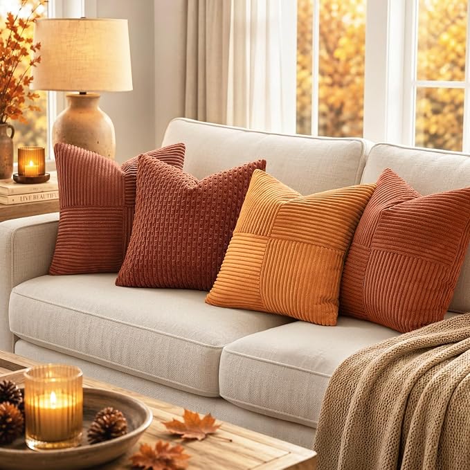 MIULEE Fall Rust Boho Decorative Throw Pillow Covers for Couch 20x20 Inch | 2 Pack, Boho Farmhouse Pillow Covers, Soft Cross Corduroy Patchwork Textured Cushion Cases For Bed Sofa