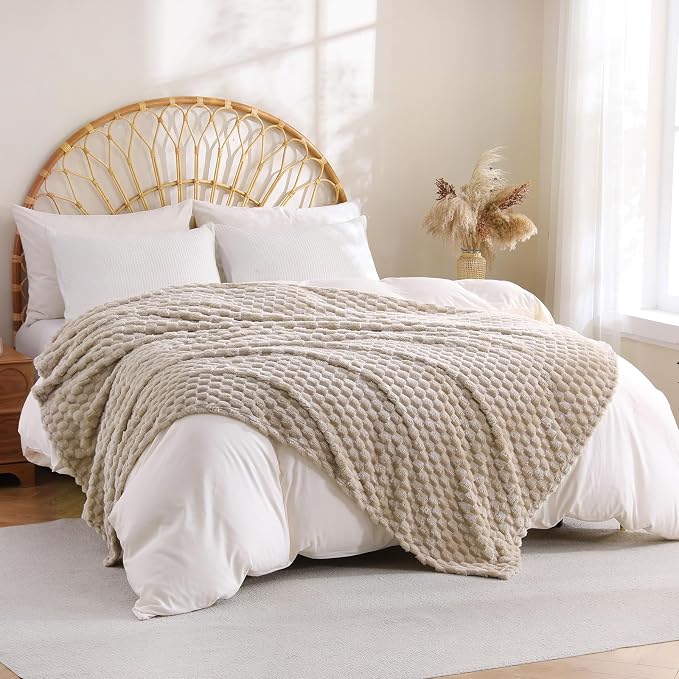 Beige Fleece Throw Blanket 50”×60” for Couch Sofa Bed | Super Soft Cozy Plush Microfiber Flannel Blanket with 3D Jacquard Decorative Lightweight for Mom Woman