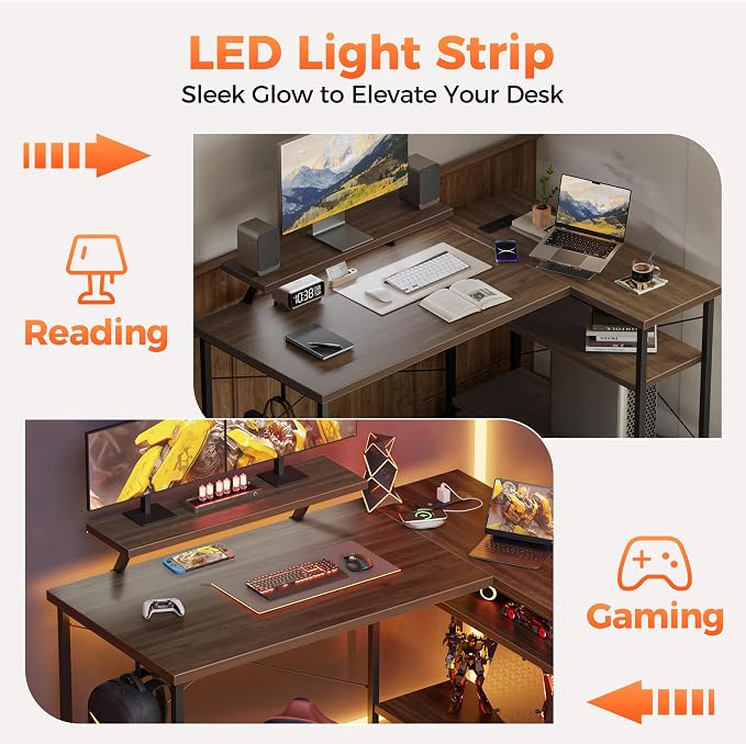 Mericonia 55 in L Shaped Gaming Desk, Large Corner Desk with Monitor Stand | Reversible Computer Desk with Power Outlets, LED Light & Storage Shelves, Office Table for Home Bedroom Study Work Writing