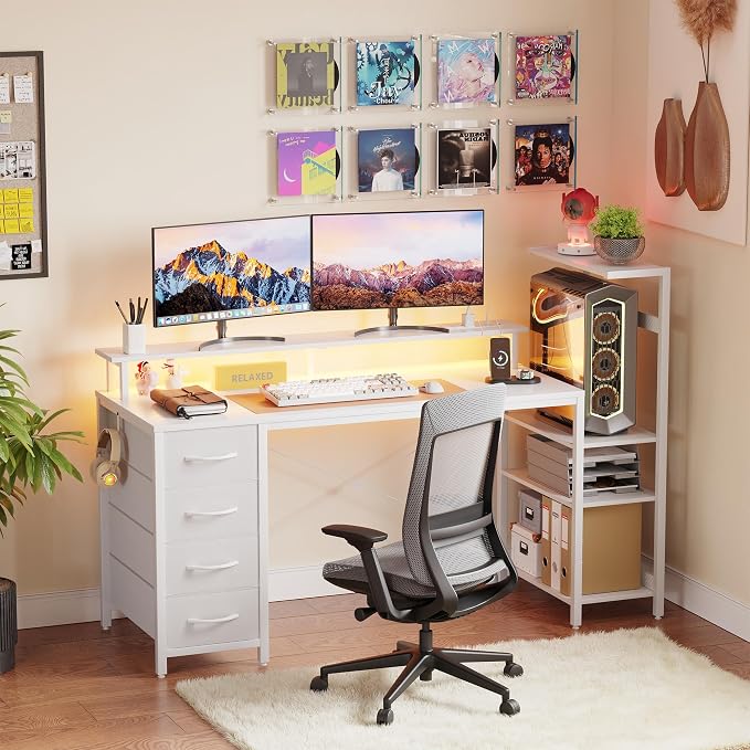 59 Inch Gaming Desk with Drawers & PC Tower Stand & LED Lights, White | Reversible, Monitor Shelf, Power Outlets, Carbon Fiber, Mesa Gamer, Computer Desk with Storage, Gaming Table for Home Office