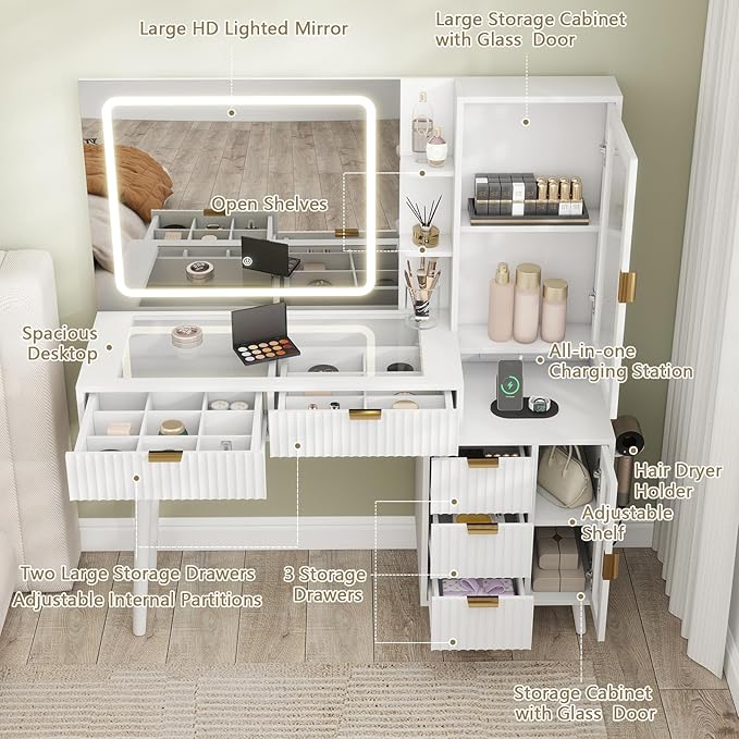 White Vanity Desk with Mirror and Lights, 49" Fluted Wood Makeup Vanity Table with Modern Glass Top, Charging Station, 5 Drawers, 2 Cabinet with Adjustable Shelves, Salon Station
