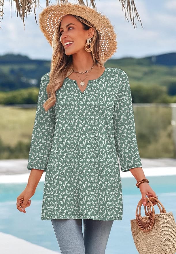 OFEEFAN Summer Boho Tops For Women 3/4 Length Sleeve Womens Tops Vacation Outfits