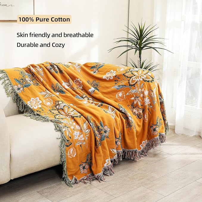 VANJOROY Boho Large Throw Blanket, 100% Organic Cotton Breathable Soft Bed Throw - Floral Bird Farmhouse Decor Blanket for Sofa Couch Chair Quilt and Gift. (Flower-Art, 91" x 98")