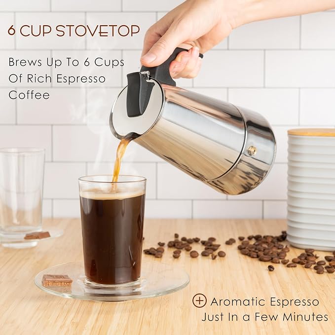 Mixpresso 6 Cup Greca Moka Pot, Stainless Steel Stovetop Espresso Maker | 300ml/10oz Italian stovetop coffee maker with classic percolator design, ideal for preparing coffee at home or while camping