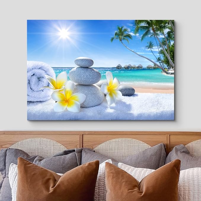 wall26 Canvas Print Wall Art White Massage Stones on Vibrant Beach Nature Floral Photography Realism Tropical Landscape Colorful Multicolor for Living Room, Bedroom, Office - 12"x18"