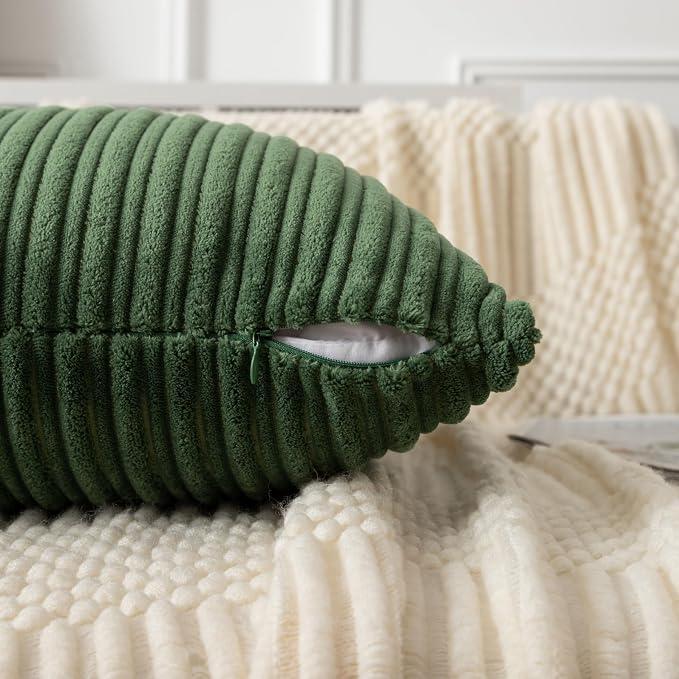 UGASA Velvet 18x18 Inch Soft Throw Pillow Covers Decorative Corduroy Striped Both Sides Solid Square Cushion Cases Boho Farmhouse for Couch Bedroom Sofa Home, Pack of 2, Moss Green