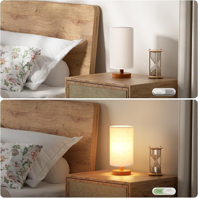 Fenmzee Small Table Lamps (Beige Shade - Walnut Base, 9" Inline Control) | 3000K LED Blub Included | 680 Lumens | Easy Assembly | Minimalist Design | E26 | for Kitchen | for Kids Room