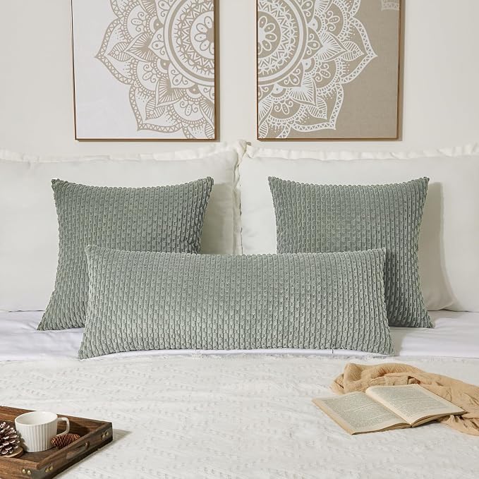 Kevin Textile Soft Corduroy 14"x36" Lumbar Pillow Cover 1 Pack, Grey Green | Boho Stripe Plush Corduroy Decorative Oblong Cushion Cover Modern Farmhouse Home Decor for Sofa Couch Bed Chair