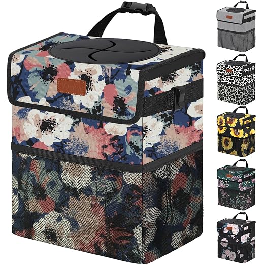 Vankor Car Trash Can for Car Cute, Trash Bag Bin Hanging Waterproof Automotive Garbage Cans Leak Proof Vehicle Trash Can Painting Floral