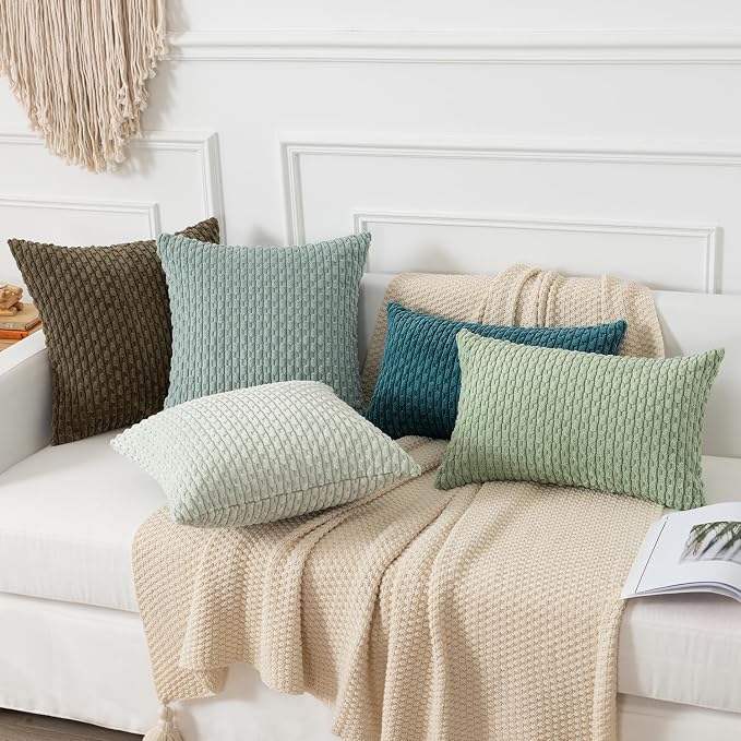 Kevin Textile Soft Corduroy 12"x24" Lumbar Pillow Cover 1 Pack, Teal Blue | Boho Stripe Plush Corduroy Decorative Oblong Cushion Cover Modern Farmhouse Home Decor for Sofa Couch Bed Chair