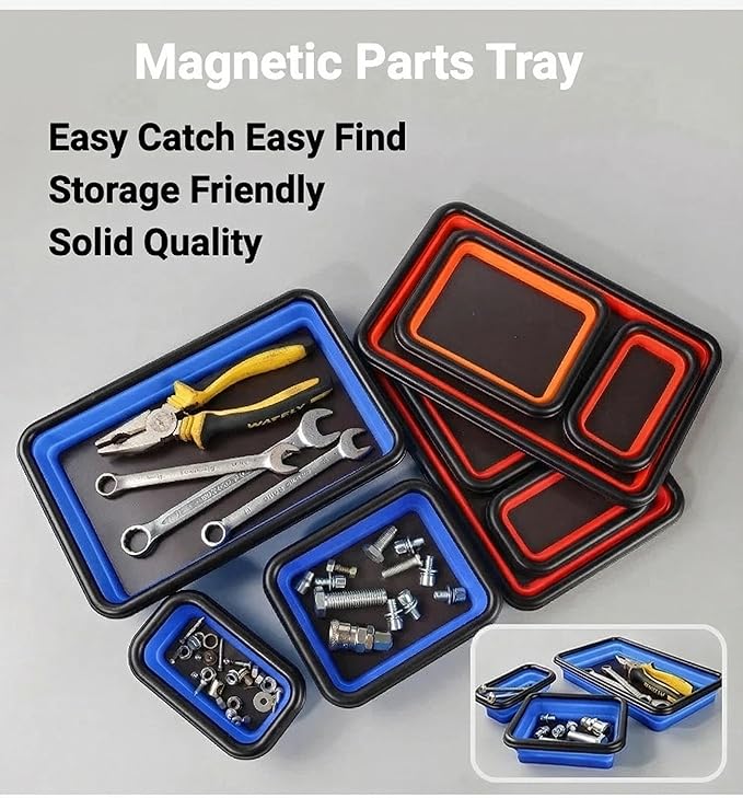 Collapsible Magnetic Parts Tray Set of 3 Different Size, Red Foldable Silicone Tool Trays for Screws, Bolts, Nuts and Other Small Metal Parts (Orange)