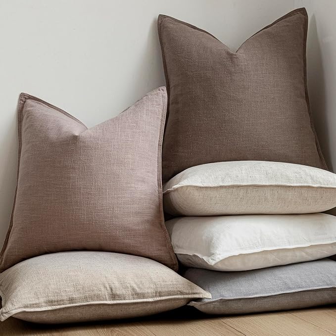 Foindtower Set of 2, Decorative Linen Solid Throw Pillow Covers Soft Accent Euro Cushion Case Boho Farmhouse Pillowcase for Chair Couch Sofa Bedroom Living Room Home Decor 24 x 24 Inch Dusty Pink