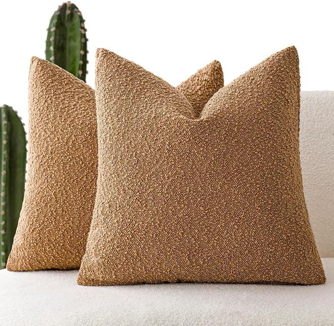 Foindtower Pack of 2, Decorative Textured Boucle Throw Pillow Covers Accent Solid Pillow Cases Cozy Soft Couch Cushion Case for Chair Sofa Bedroom Living Room Home Decor 22 x 22 Inch Rust Tobacco