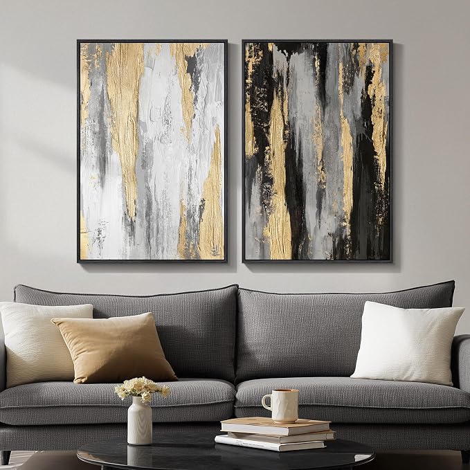 Large Framed Modern Abstract Wall Art Set of 2, Canvas Prints Paintings Artwork for Walls, Black White Grey Gold Pictures Wall Decor for Living Room, Dining Room, Bedroom, and Office
