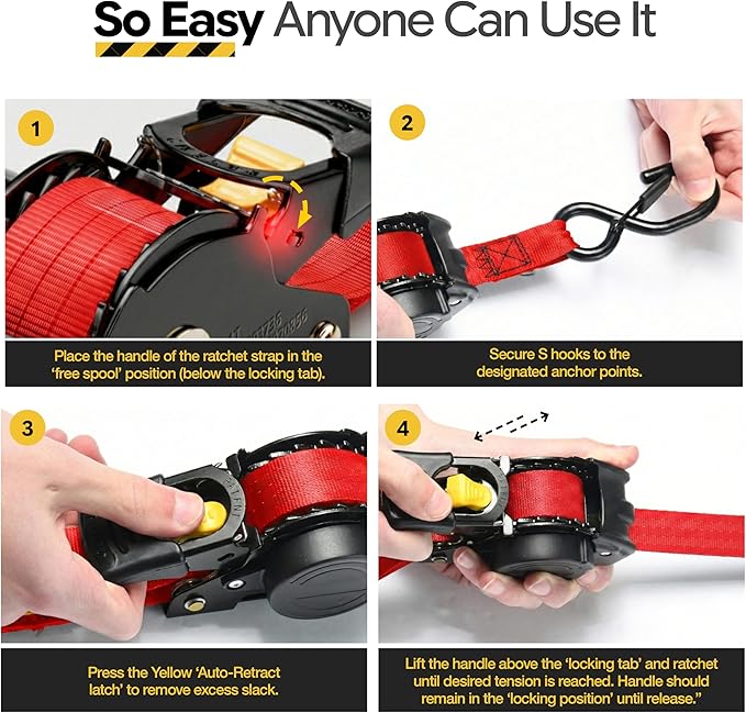 AUGO Retractable Ratchet Straps | 4 Heavy Duty Ratchet Straps Self Retractable Tie Downs with Soft Loops & Storage Bag for Motorcycle, Truck, Trailer, Cargo Van | 1200 Lb Break Strength 1” x 10’