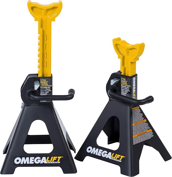32038 3 Ton Jack Stands Pair - Heavy Duty Double Locking Pins - Handle Lock and Mobility Pin for Auto Repair Shop, Black/Yellow