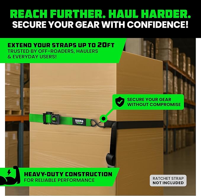 2 Pack Ratchet Strap Extension – 20 FT x 1 Inch with Loops Every 5 FT – S-Hook with Safety Clip – 1,209 LB Break Strength – Cargo Tie Down for Oversized Loads, Boxes, Moving, Hauling