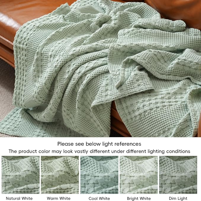 PHF 100% Cotton Waffle Weave Blanket Queen Size, Lightweight Breathable Summer Blanket for Hot Sleepers, Pre-Washed Soft Layer for Bed, Couch, Aesthetic Home Decor & Gift, 90"x90", Mint Green