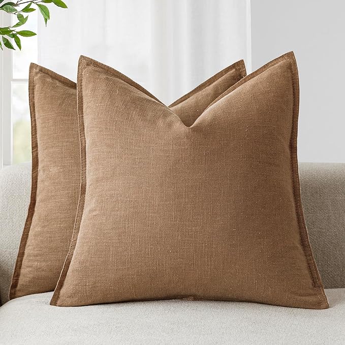 Foindtower Pack of 2, Decorative Linen Solid Throw Pillow Covers Soft Accent Cushion Case Boho Farmhouse Pillowcase for Chair Couch Sofa Bedroom Living Room Home Decor 26 x 26 Inch Light Khaki Brown