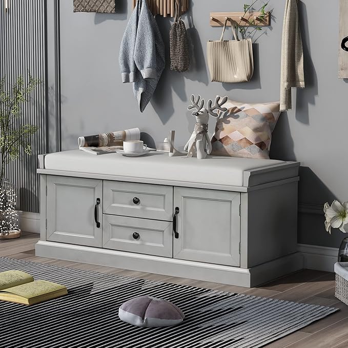 Merax Classic Wood Shoe Storage Bench with Drawers and Seat Cushion for Entryway Hallway Front Door Gray Wash