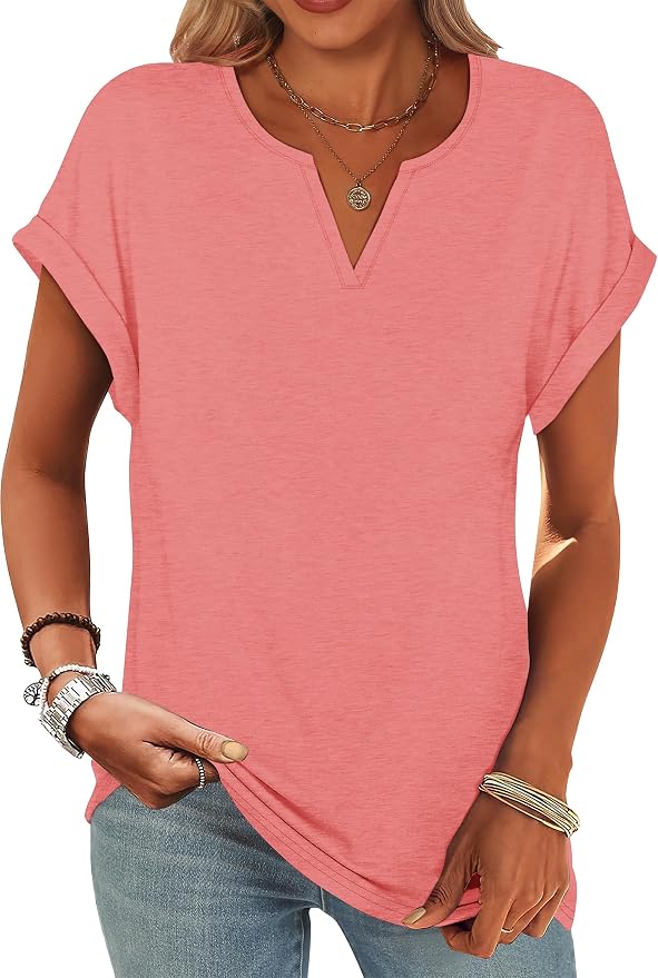 Womens Tops Dressy Casual V Neck Rolled Sleeve T Shirts Fashion Clothing Business Casual Outfits Beach Vacation Clothes