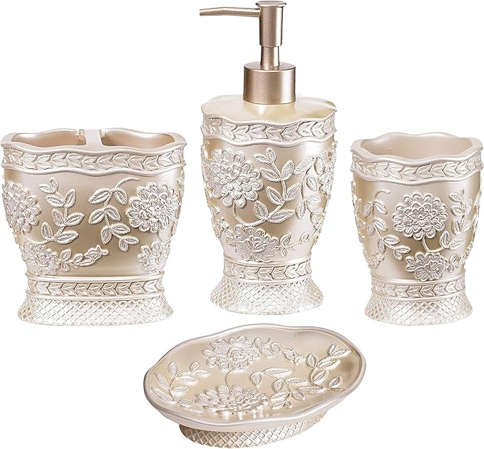 Zahari Home 4pc Rose Vine Bathroom Accessories Sets Lotion Pump, Tumbler, Tooth Brush Holder and Soap Dish Unique Design Beige Bathroom Set