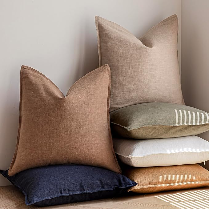 Foindtower Pack of 2, Decorative Linen Solid Throw Pillow Covers Soft Accent Cushion Case Farmhouse Neutral Pillowcase for Chair Couch Sofa Bedroom Living Room Home Decor 16 x 16 Inch Tan Beige