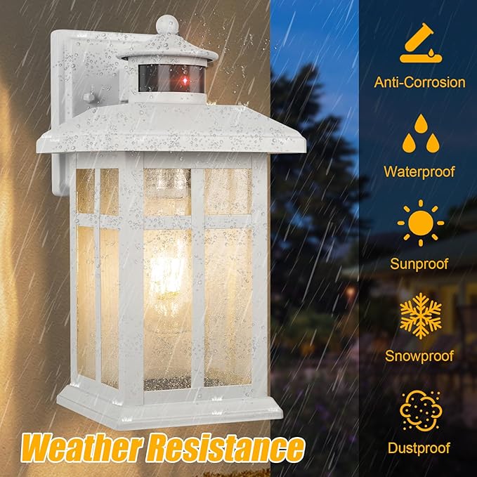 Dawn to Dusk Motion Sensor Wall Light Fixtures - White Wall Mount with E26 Sockets & Tempered Glass, Waterproof Outdoor & Indoor Lights for House, Porch, Garage, Door