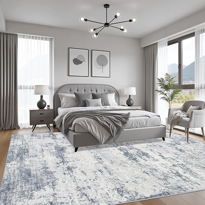 10x12 Area Rug Living Room Rug: Washable Modern Abstract Soft Thin Rug Indoor Floor No Slip Carpet for Bedroom Dining Room Farmhouse Nursery Home Office - Blue Grey