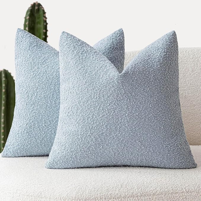 Foindtower Pack of 2 Modern Textured Boucle Throw Pillow Covers Accent Solid Decorative Pillow Cases Cozy Woven Couch Cushion Case for Chair Sofa Bed Living Room Home Decor, 18 x 18 Inch, Light Blue