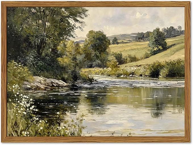 Framed Vintage Landscape Wall Art, Country Nature River Pictures Wall Decor, Rustic Field Paintings Canvas Prints Farmhouse Home Decor Aesthetic for Living Room Bedroom Bathroom 8x10 inch