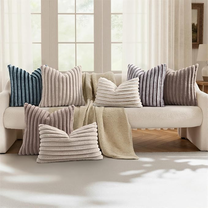 decorUhome Fall Faux Fur Throw Pillow Covers 22x22 Set of 2 Brown White | Decorative Soft Cozy Striped Plush Modern Farmhouse Boho Couch Pillow Cases Velvet Back for Sofa Bed Living Room Home Decor