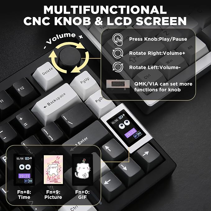 YUNZII AL80 75% Wireless Aluminum Mechanical Keyboard(Black, Cocoa Cream) | QMK/VIA, Smart LCD Display and Knob, Hot Swap, Gasket Structure, BT/2.4G/USB-C, RGB Keyboard for Gaming/Win/Mac