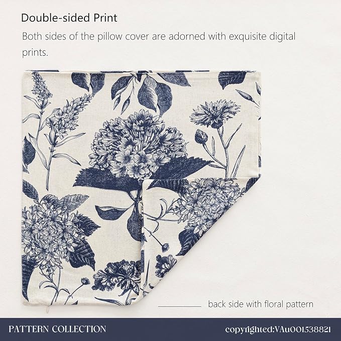 Foindtower Set of 2 Linen Floral Vintage Throw Pillow Covers Neutral Accent Print Decorative Cozy Cushion Covers Farmhouse Boho Home Decor for Sofa Chair Couch Bed Living Room,20×20 Inch,Navy Blue