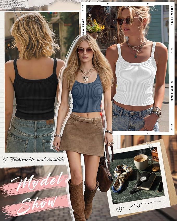 Ficerd 3 Pack Women's Tank Tops 95% Cotton Spaghetti Strap Ribbed Crop Camisole Slim Fitted Basic Summer Sleeveless Layer