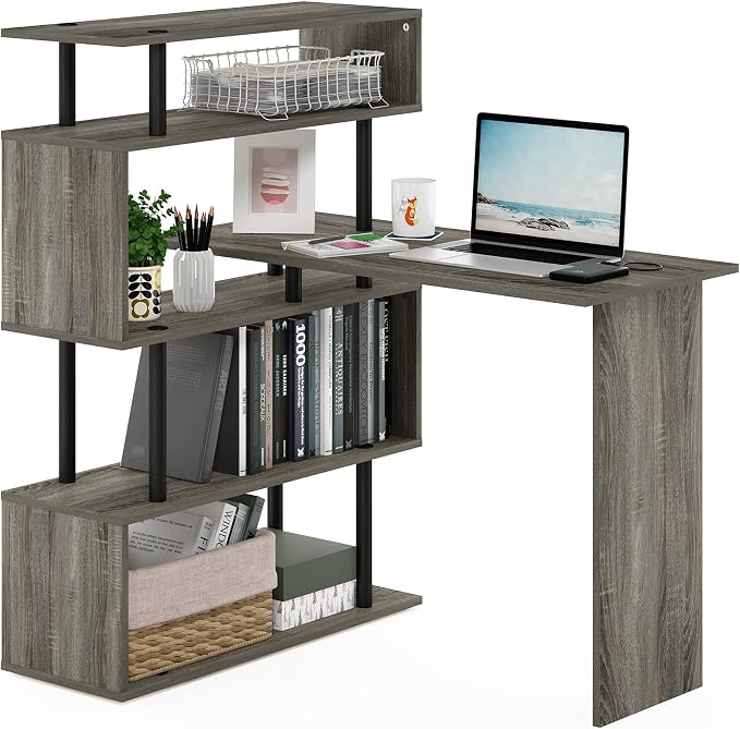 Furinno Classic L Shape Computer Desk, Gaming Desk, Office Desk with 5-Tier Shelves, 40" Wide, for Home Office, Study, Gaming, Grey Oak