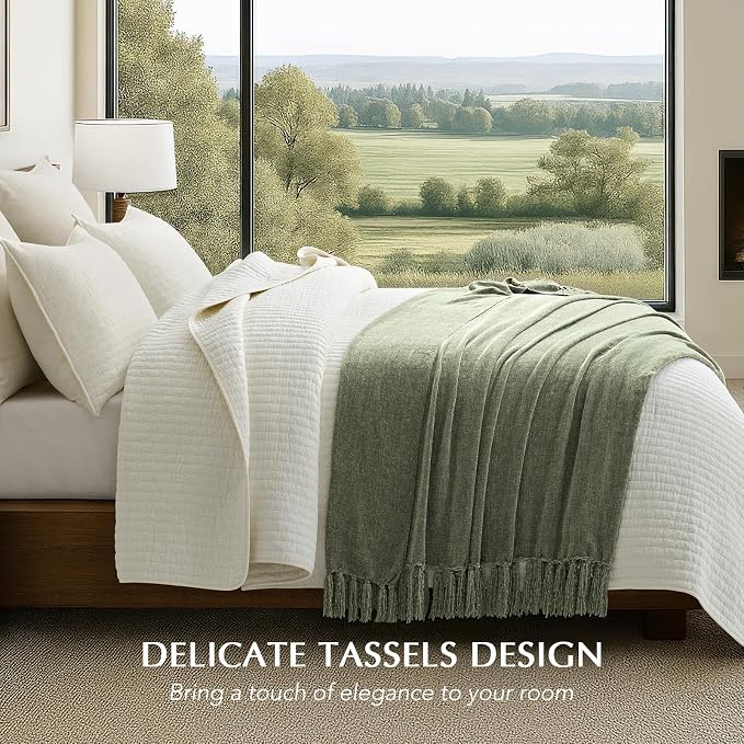 Chenille Knit Throw Blanket for Couch, 60"x80", Sage Green | Cozy Plush Fuzzy Knittd Throw with Tassels, Lightweight, Decorative, Farmhouse Decor, Ideal for Bed Sofa Gift, All Seasons