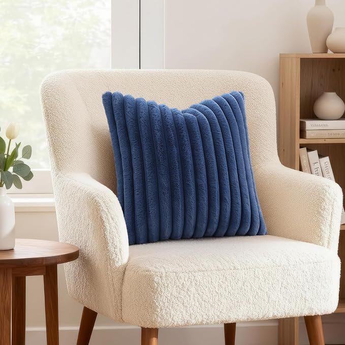 decorUhome Fall Faux Fur Throw Pillow Covers 20x20 Set of 2 Navy Blue | Decorative Soft Cozy Striped Plush Modern Farmhouse Boho Couch Pillow Cases Velvet Back for Sofa Bed Living Room Home Decor