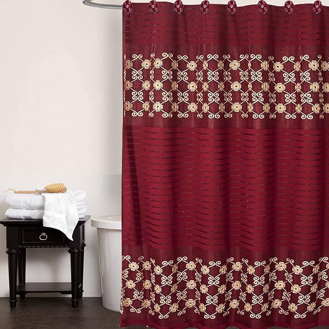 Zahari Home 13pc Elegant Rose Bathroom Shower Curtain Sets Elegant Shower Curtain & 12 Shower Curtain Rings Contemporary Decor Burgundy Shower Curtain Unique Design Stylish Shower Accessories