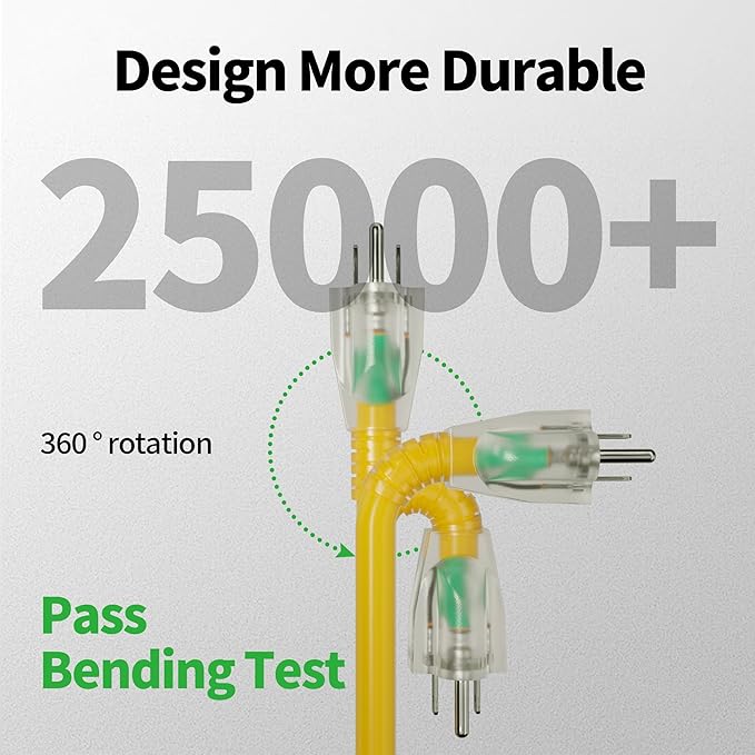 POWGRN 25 Ft 10AWG Outdoor Extension Cord Waterproof Heavy Duty 10 Gauge 3 Prong, Flexible Cold-Resistant Power Cord Indoor & Outside with Lighted Indicator End, 15Amp 1875W SJTW Yellow ETL Listed