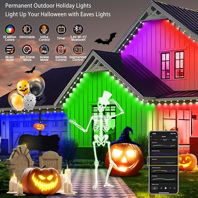 Smart Permanent Outdoor Lights for House, IP67 Waterproof, 54 Scene, 100ft with 60 RGB+IC Permanent Christmas Lights, for Halloween Christmas Work All Holiday Decor, Work with Google Assistant, Alexa