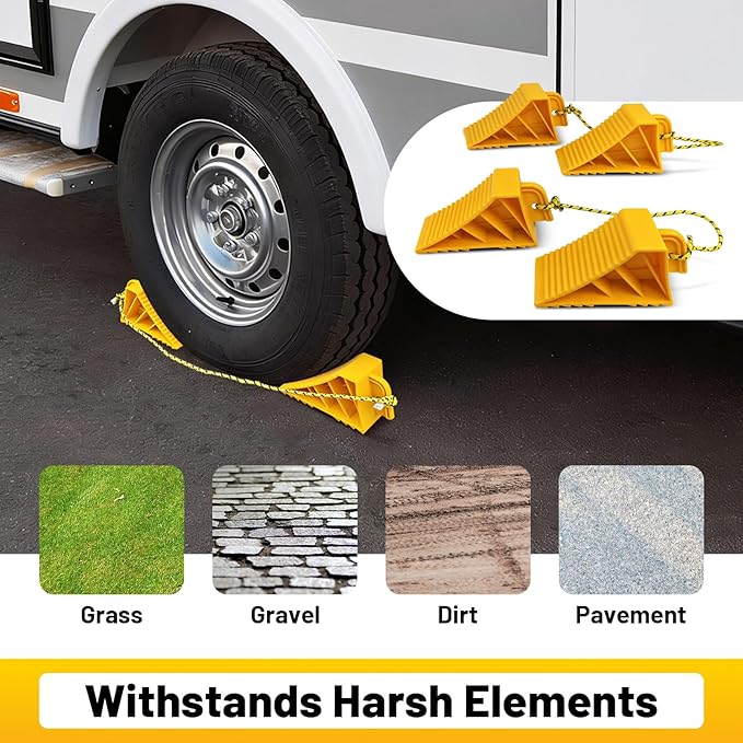 HOXWELL 2 Pair Wheel Chocks with Rope & Handle Design for Travel Trailers, Non Slip Yellow Wheel Chock, Lightweight Wheel Stoppers for Cars Campers Trucks RVs, Easy to Carry