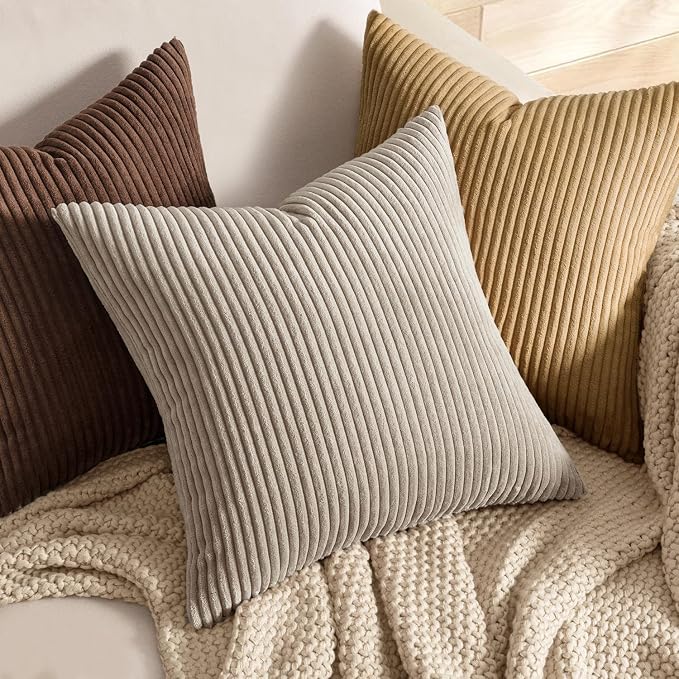 MIULEE Decorative Corduroy Throw Pillow Covers Set of 2 20x20 Khaki | Soft Striped Textured Cushion Cases, Boho Rustic Square Pillowcases for Home Decor, for Couch Chair Sofa Bed Living Room