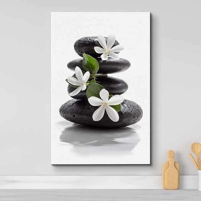 wall26 Canvas Print Wall Art Zen Dark Basalt Stones with Magnolia Blossoms Nature Floral Photography Realism Rustic Colorful Multicolor Ultra for Living Room, Bedroom, Office - 16"x24"