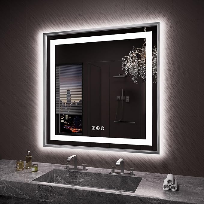 Amorho 36"X36" LED Bathroom Mirror, Brushed Nickel Framed Mirror with Front Light and Backlit, Stepless Dimmable, Anti-Fog, Shatter-Proof, Memory, 3 Colors
