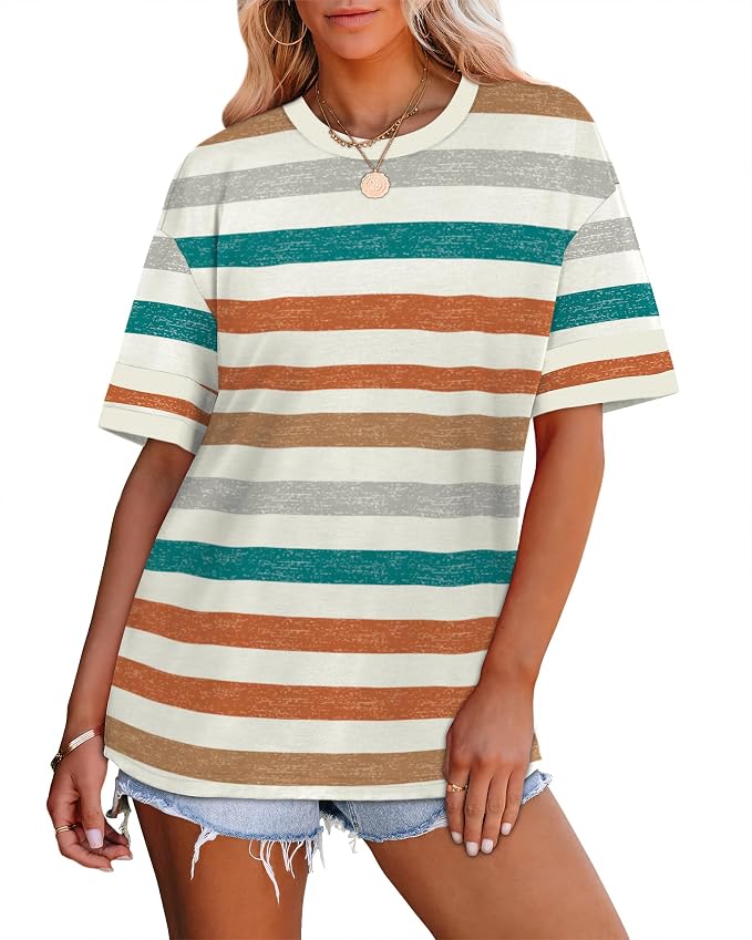 WIHOLL Womens T Shirts Loose Fit Short Sleeve Tees Crew Neck Color Block Summer Tops 2026 Fashion